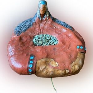 Handcrafted wood Seated Woman Sculpture with turquoise Accents